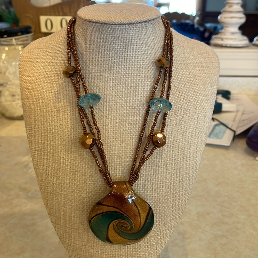 Necklace, Copper And Green Colored Art Glass Necklace Beaded Stamped Erica Lyons